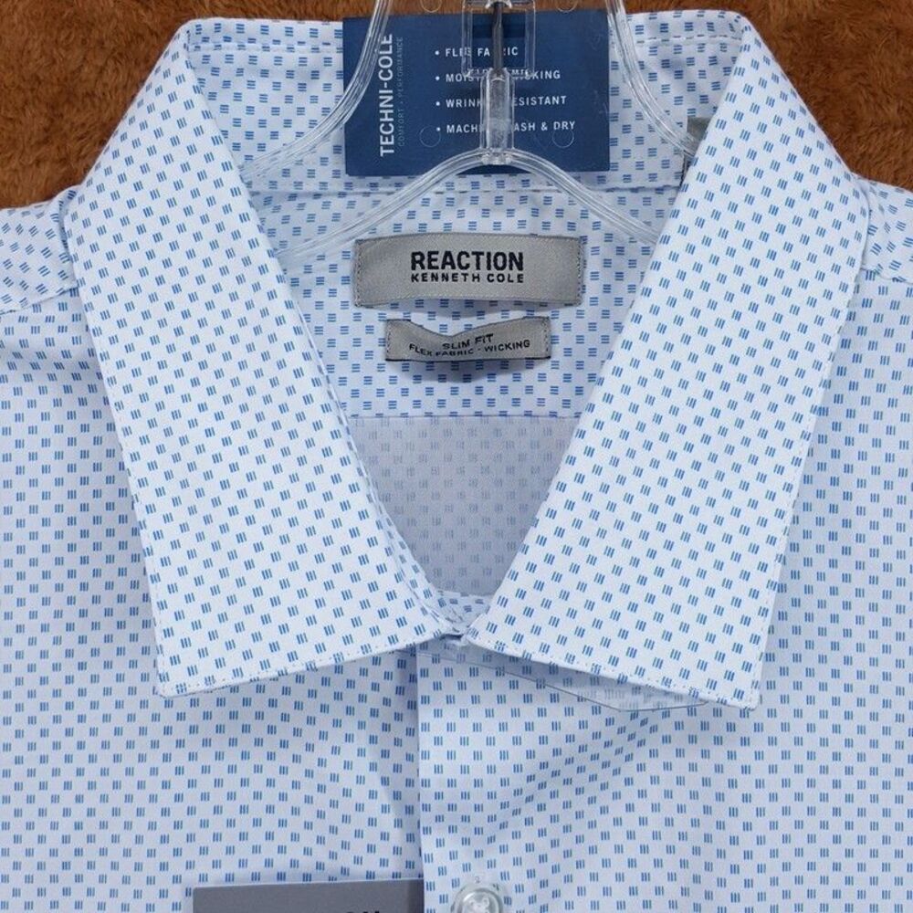 KENNETH COLE Dress Shirt Mens 17 17.5 34 35 White Blue Neat Geo Slim Fit Stretch